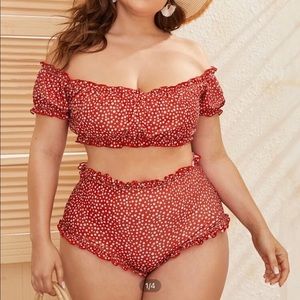 Polka dot Bardot top bikini set